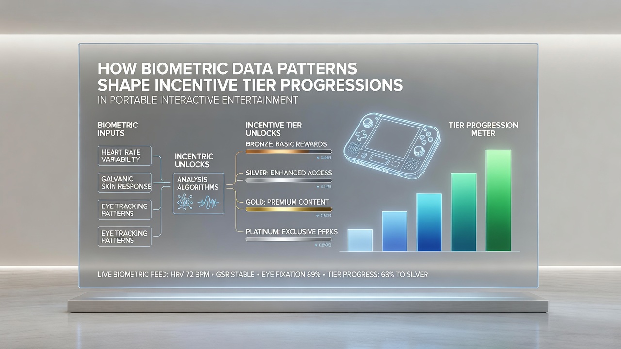 Network diagrams showing data flow from biometric sensors to incentive tier databases in mobile entertainment systems