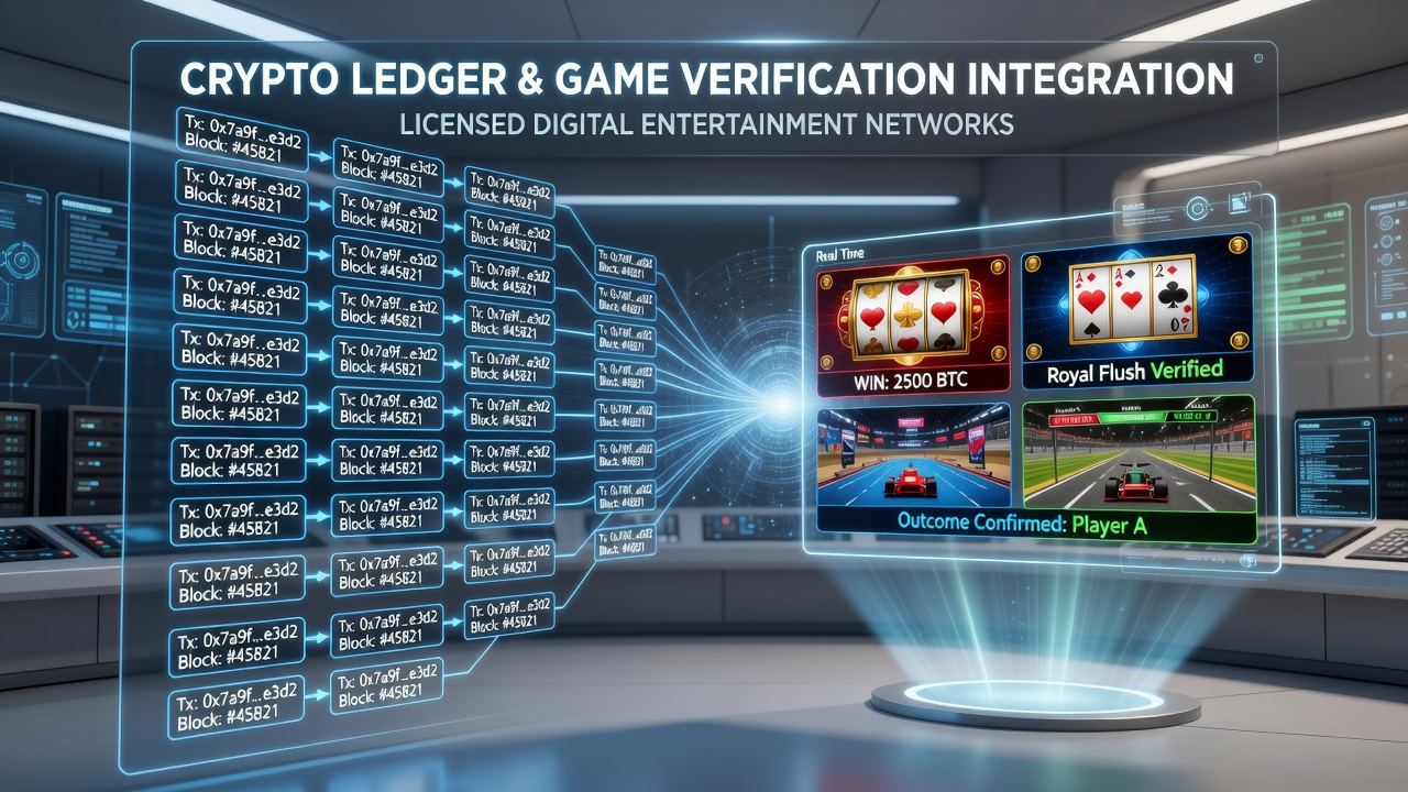 Blockchain transaction ledger visualization intersecting with digital game verification interface in a licensed entertainment network