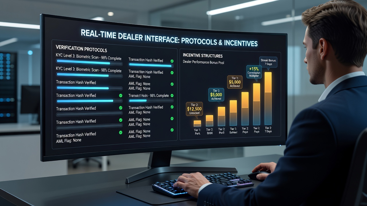 Real-time dealer interface displaying verification steps integrated with loyalty reward prompts on a live gaming platform