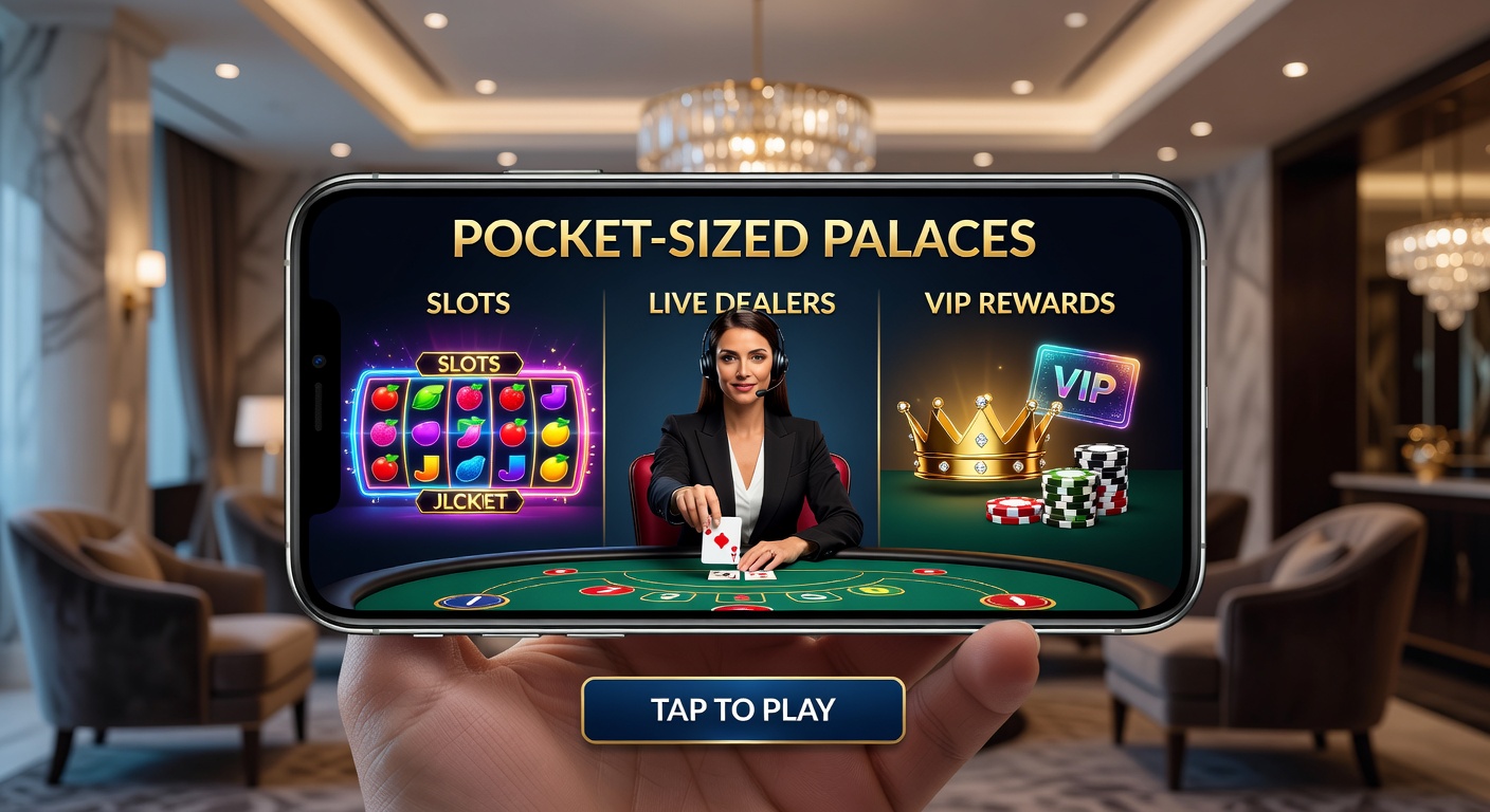 Smartphone screen displaying a vibrant mobile casino app with spinning slots, live dealer blackjack table, and VIP rewards dashboard glowing in the background